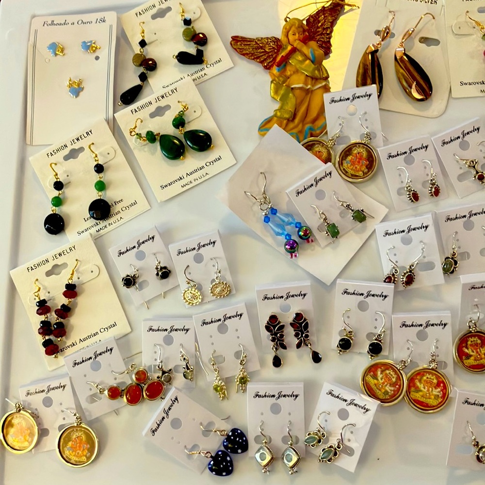 lot of ladies, assorted, pierced earrings, sterling, silver, crystal, elephants